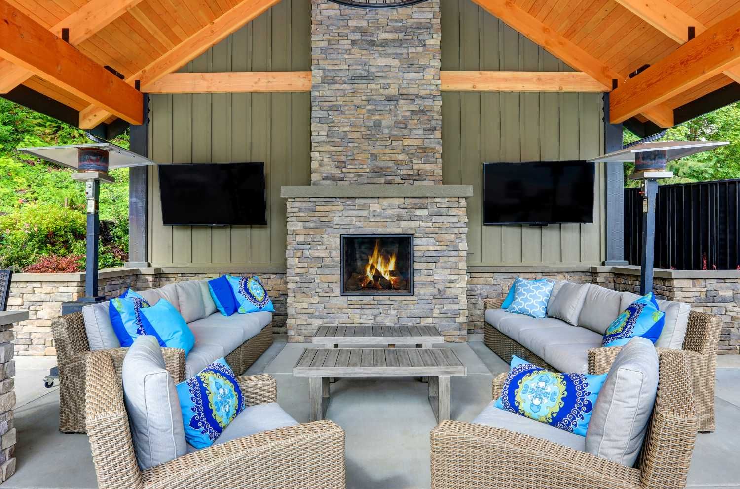 Outdoor chimney and entertainment setup
