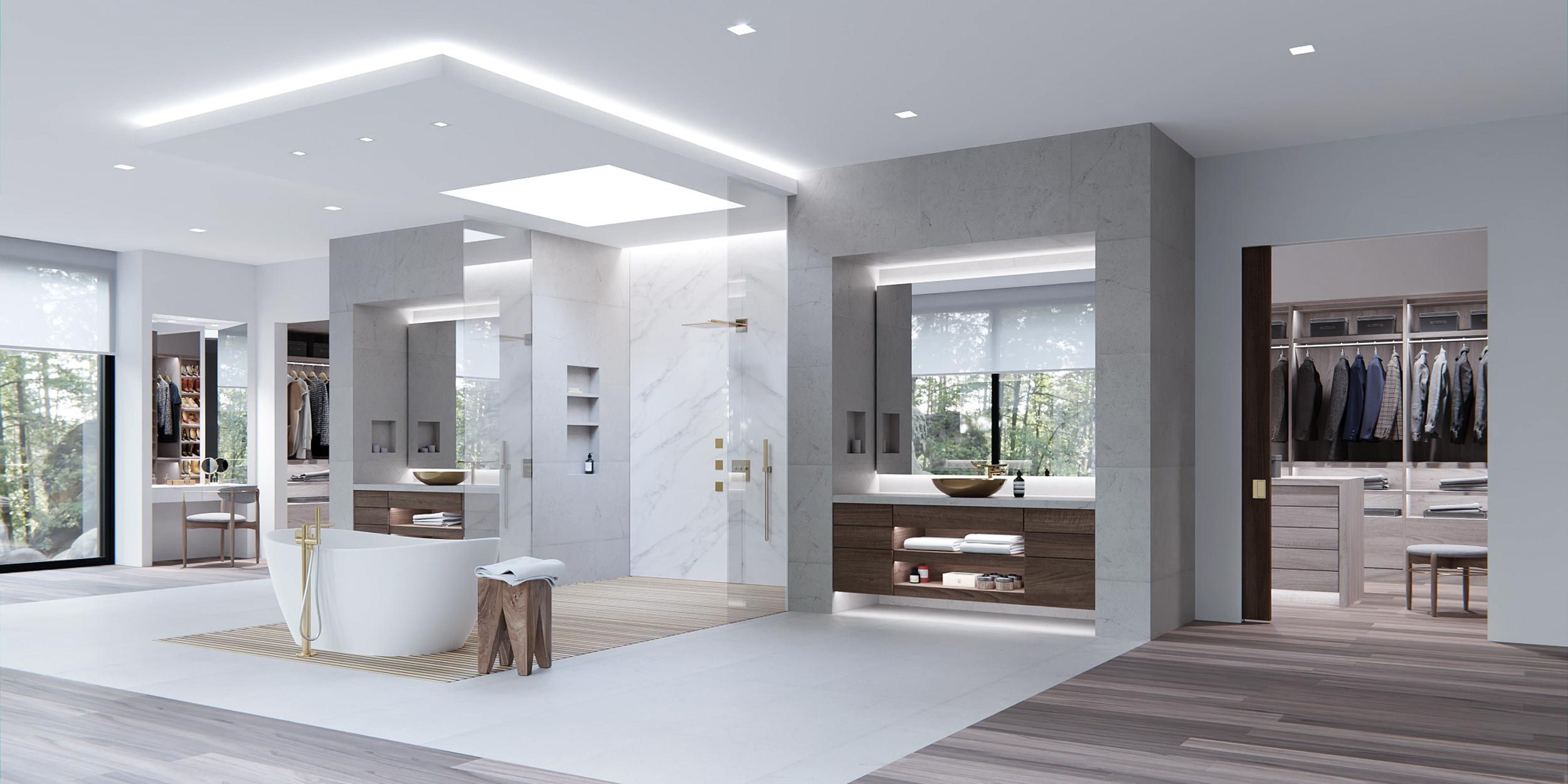 bright and modern bathroom with lutron lighting