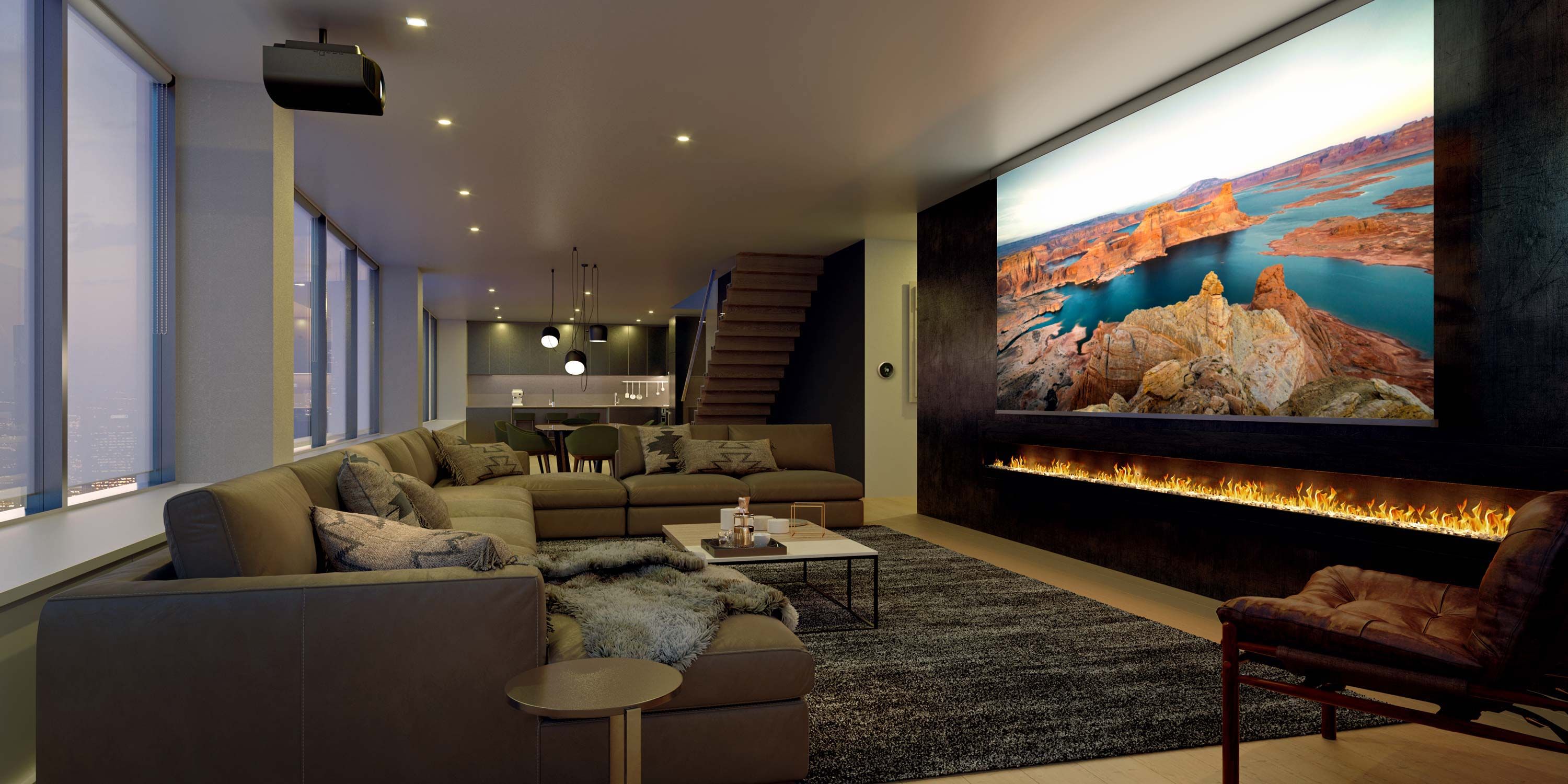 sony media room with a large tv in a loft-like residence